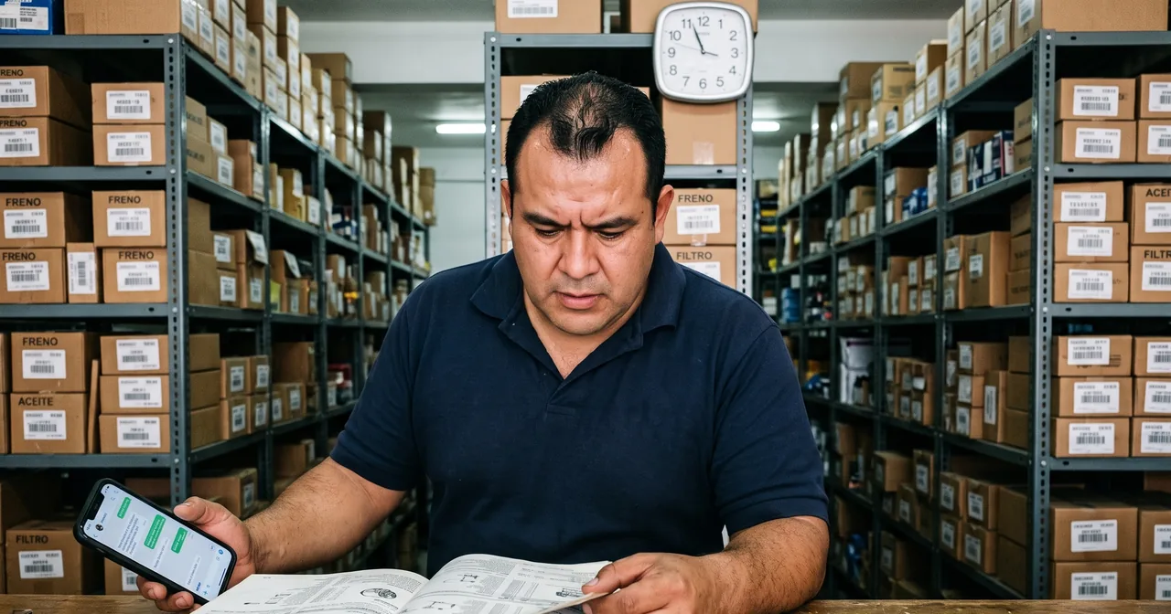 Vendedor de una refaccionaria buscando una pieza en un catálogo de papel mientras tiene abierto un chat de WhatsApp en el celular