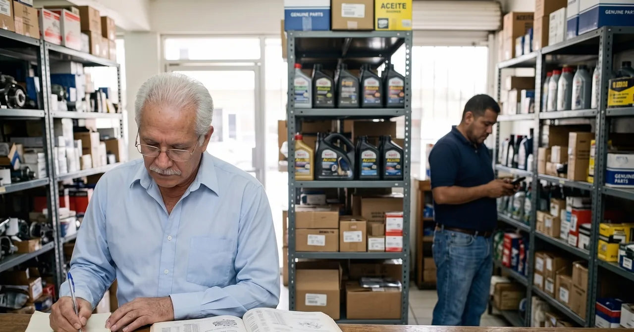 Auto parts store owner writing a quote by hand next to a calculator and a paper catalog
