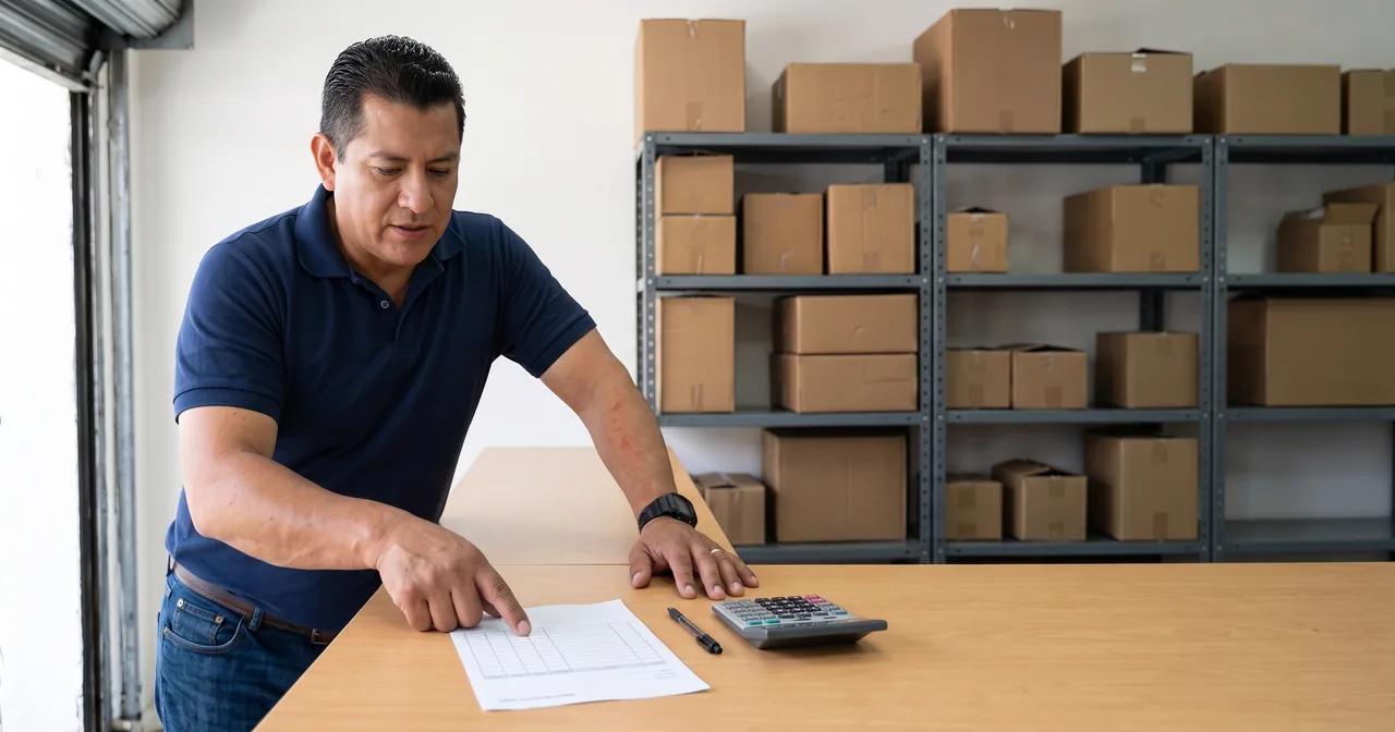 Counter manager at an auto parts store pointing at a line of the printed quote on the counter, next to a calculator