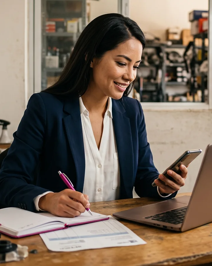 Adriana, perfiladora y campañas de marketing: mujer de saco azul en su escritorio de una refaccionaria, con el celular, una libreta y una laptop