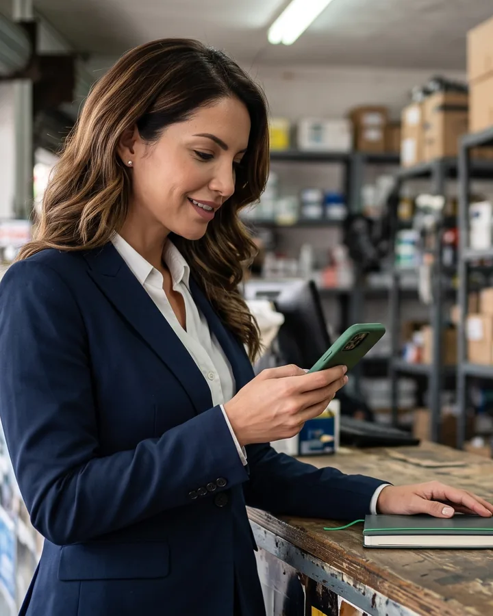 Alma, ventas y reactivación: mujer de saco azul en el mostrador de una refaccionaria, revisando un mensaje en su celular