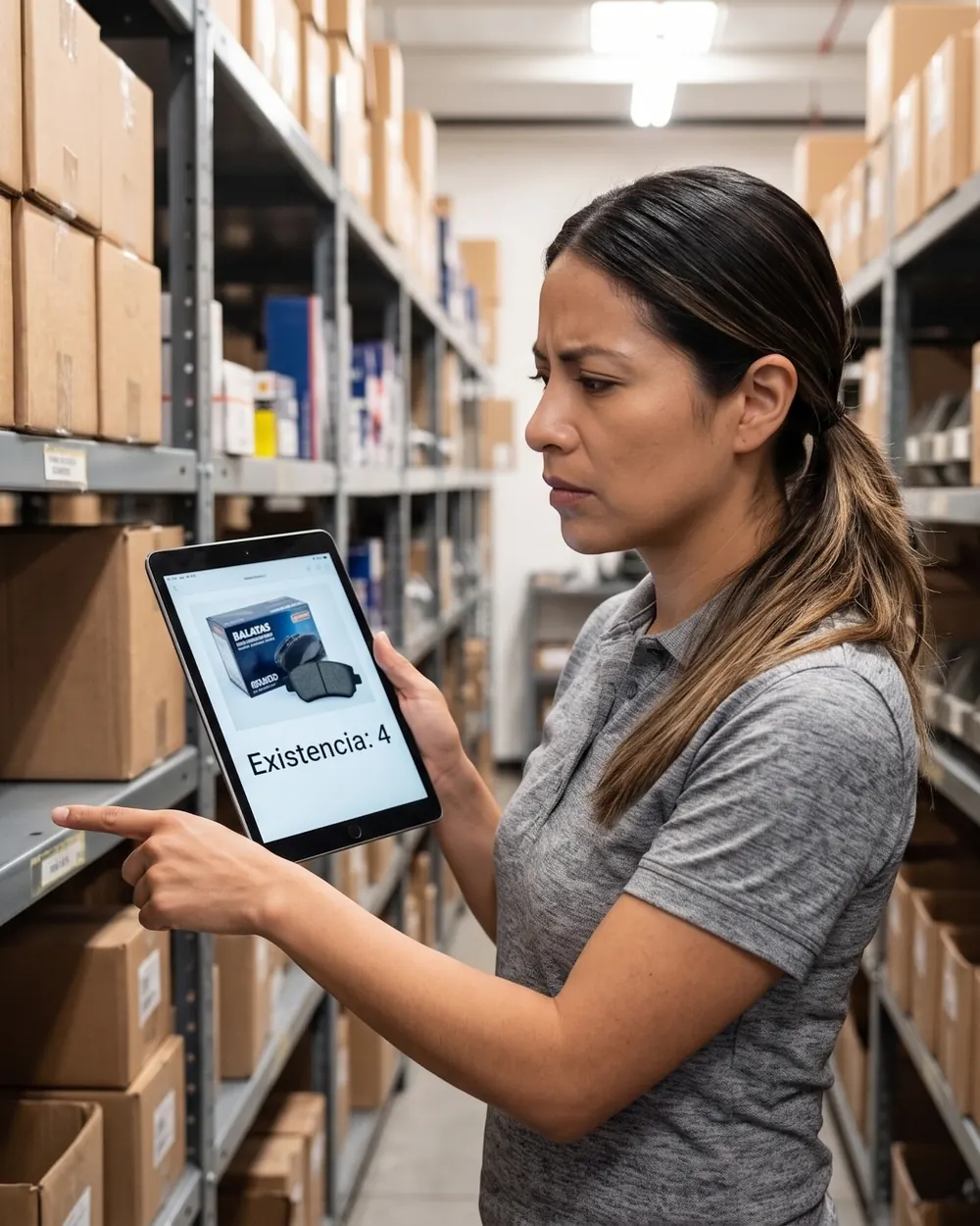 Encargada de refaccionaria consultando en una tablet la existencia de balatas entre los estantes