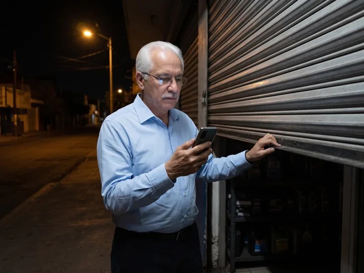 Dueño de refaccionaria de noche frente a la cortina cerrada, leyendo un mensaje en su celular