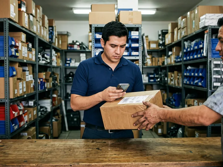 Encargado de refaccionaria revisando con el celular la etiqueta de una caja que le entrega un mecánico, en la bodega