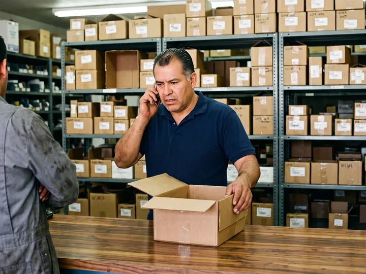 Encargado de refaccionaria hablando por teléfono con una caja abierta sobre el mostrador mientras un cliente espera